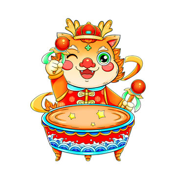 國潮可愛卡通打鼓的小龍