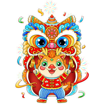 國潮可愛卡通對(duì)稱舞獅的小龍
