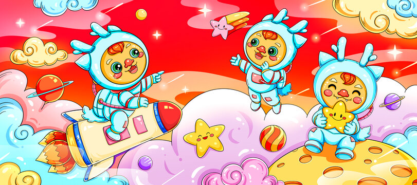 國潮喜慶卡通龍年太空龍插畫