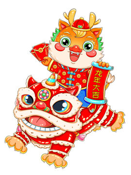 國潮喜慶龍年騎獅子的龍