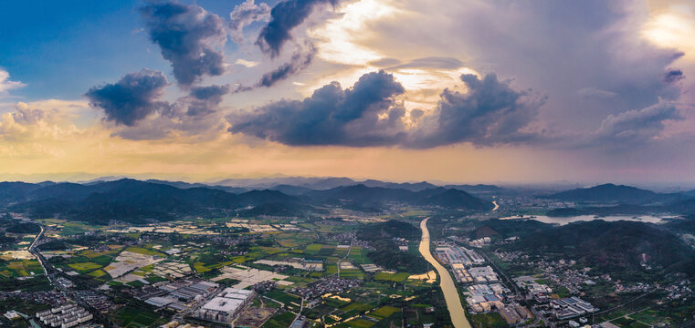 夏收季江南田园风光全景