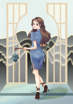 新中式少女旗袍場景中國風(fēng)插畫