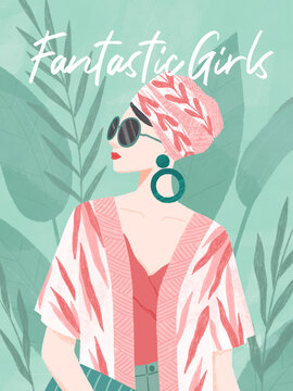 夏日热带植物女孩时尚海报插画