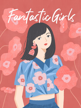 夏日花和女孩時尚海報包裝插畫