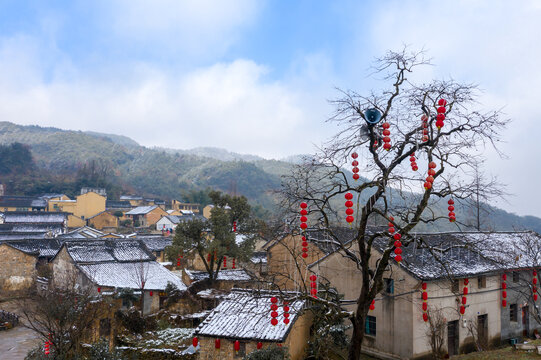 浦江古村落红灯笼喇叭雪景