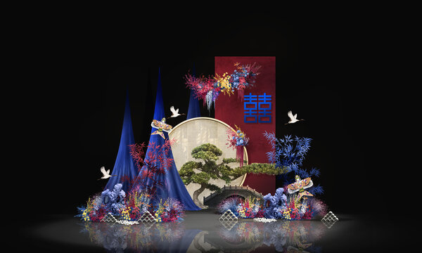 紅藍(lán)撞色新中式婚禮效果圖