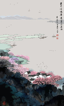 國畫山水畫江南春色