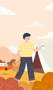 年輕人戶外旅游露營扁平插畫
