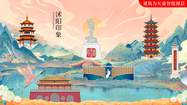 沭陽縣國潮手繪地標建筑海報