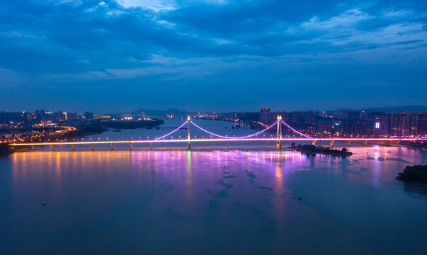 航拍湖南长沙三汊矶大桥夜景