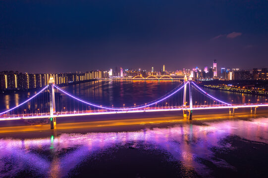 航拍湖南长沙三汊矶大桥夜景