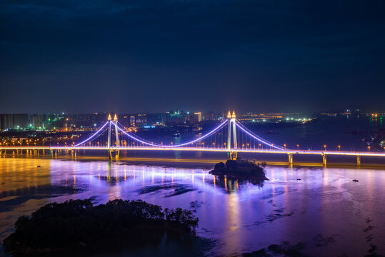 航拍湖南长沙三汊矶大桥夜景