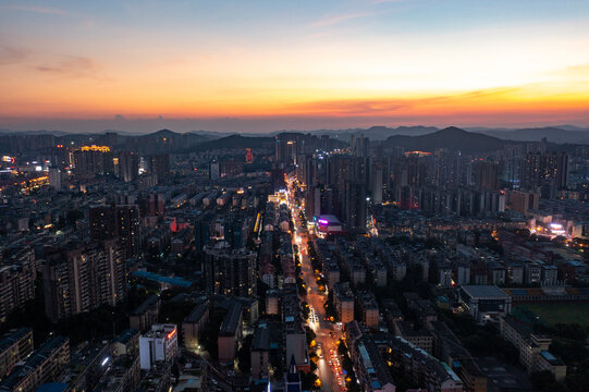 航拍湖南郴州城市夜景风光