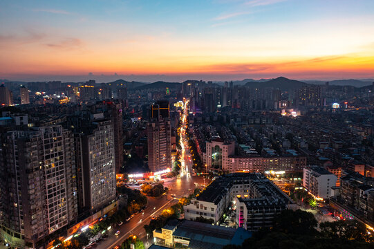 航拍湖南郴州城市夜景风光