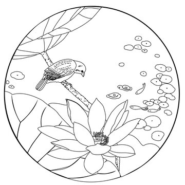 花鳥荷塘白描線稿國(guó)潮矢量手繪