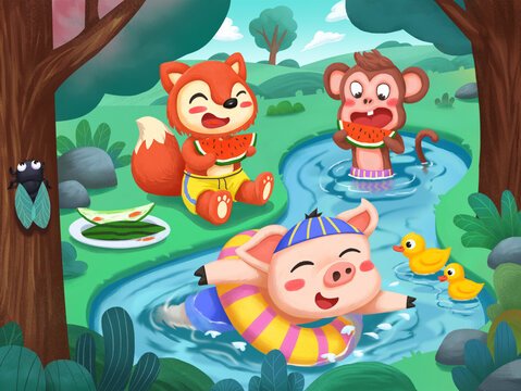 小動(dòng)物卡通插畫夏天