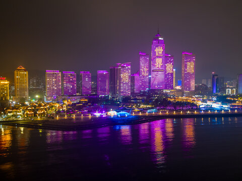 航拍烟台滨海广场夜景