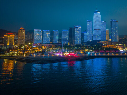 航拍烟台滨海广场夜景