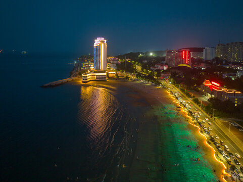 航拍烟台滨海广场夜景