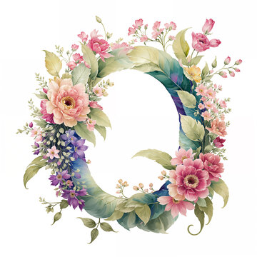 水彩花卉字母设计O