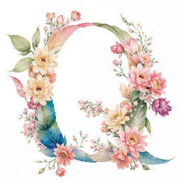水彩花卉字母设计Q