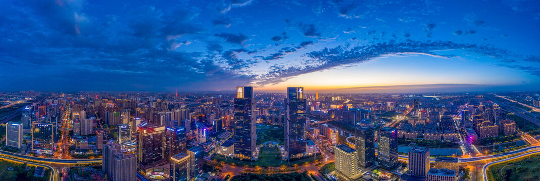 航拍郑州绿地双子塔天际线夜景