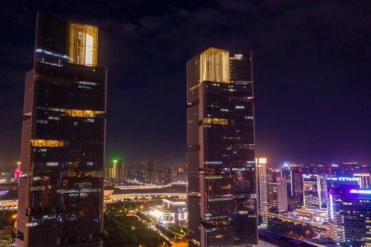 航拍郑州绿地双子塔天际线夜景