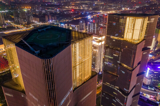 航拍郑州绿地双子塔天际线夜景