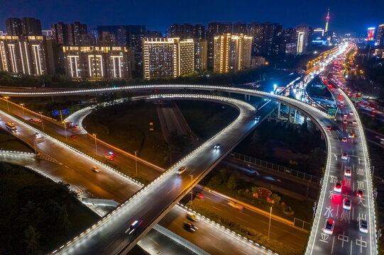 航拍城市立交桥高架桥道路夜景