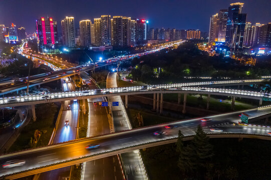 航拍城市立交桥高架桥道路夜景