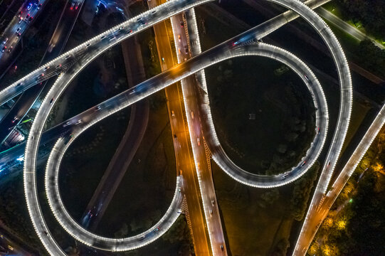 航拍城市立交桥高架桥道路夜景