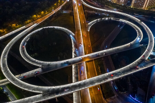 航拍城市立交桥高架桥道路夜景