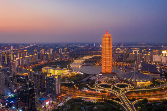 航拍郑州大玉米楼千玺广场夜景