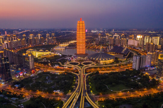 航拍郑州大玉米楼千玺广场夜景