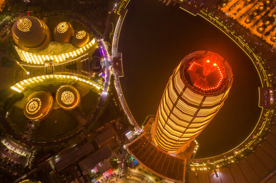 航拍郑州大玉米楼千玺广场夜景