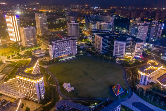 航拍郑州龙子湖智慧岛夜景灯光