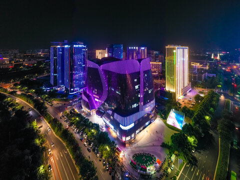 航拍郑州龙子湖智慧岛夜景灯光