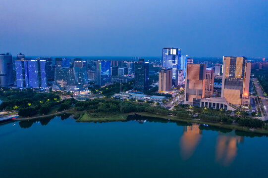 航拍郑州龙子湖智慧岛夜景灯光