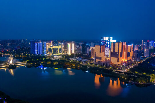 航拍郑州龙子湖智慧岛夜景灯光