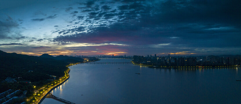 杭州日出钱塘江沿江夜景航拍