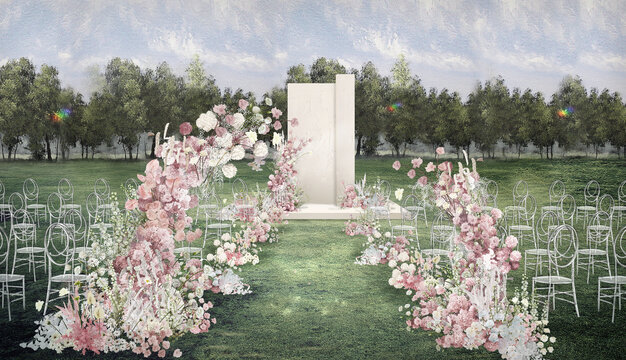 粉白色户外草坪婚礼效果图