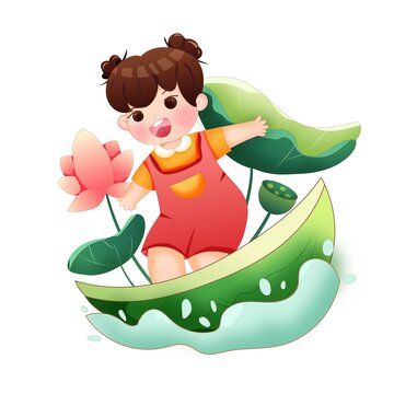 手繪小女孩夏季沖浪卡通插畫