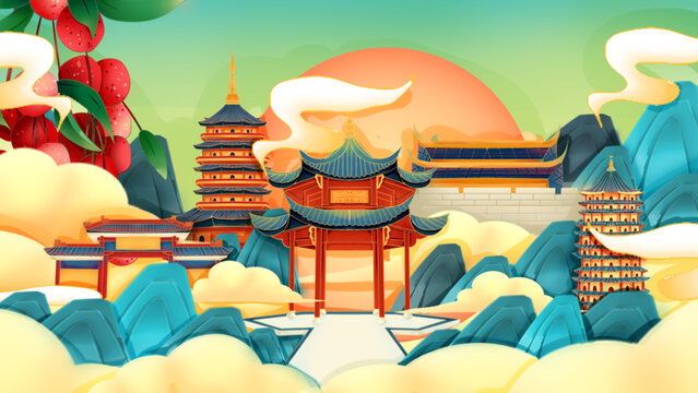 手繪國潮重慶建筑插畫