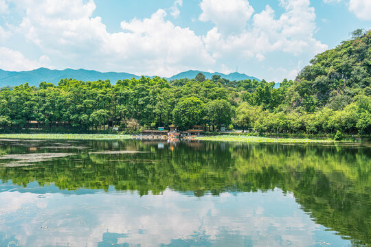 蓝天白云下的星湖竹筏