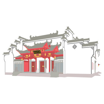 祠堂軸測插畫圖