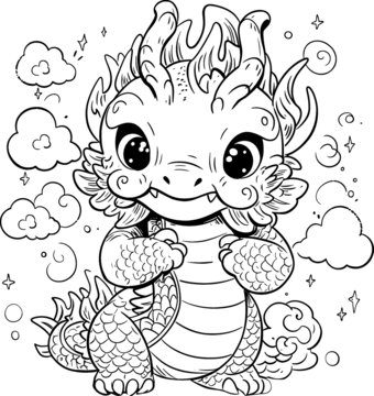 可愛手繪卡通龍線稿插圖