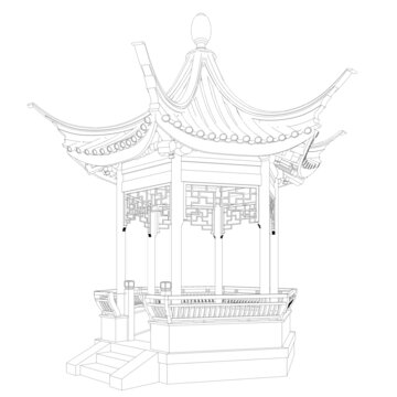 蘇式六角亭軸測(cè)線稿圖