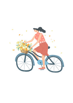 骑单车的女孩手绘插画