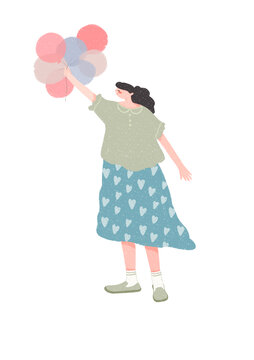 女孩氣球手繪插畫
