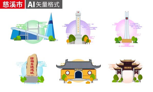 慈溪市矢量卡通地標(biāo)建筑素材